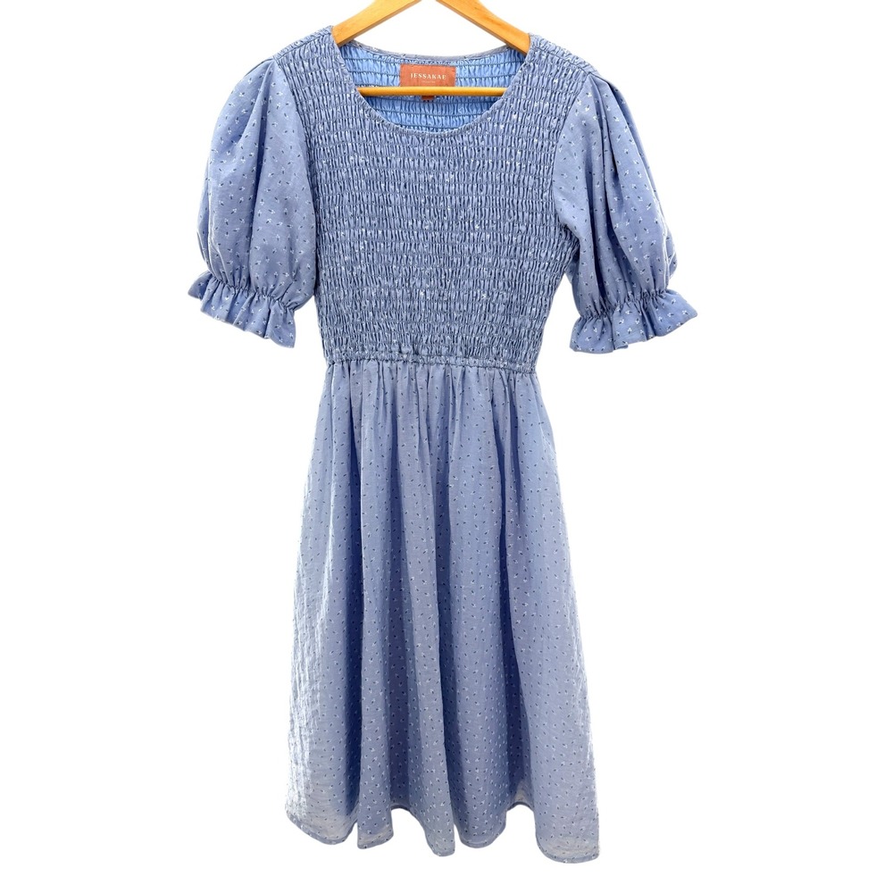 JessaKae Light Blue Smocked Puff Sleeve Floral Swiss Dot Midi Dress Small